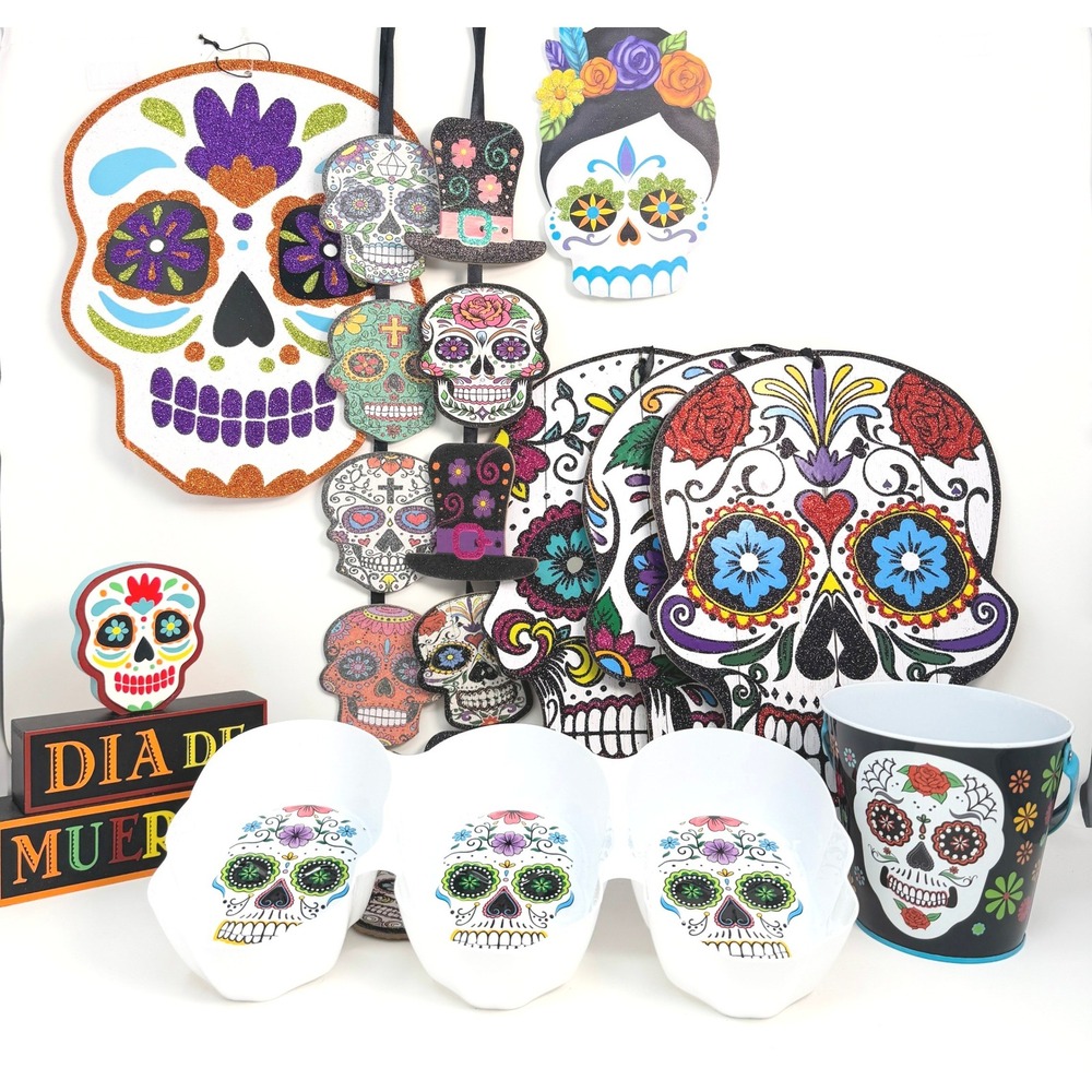 Dia De Los Muertos Sugar Skull Decor Bundle Wall Hangings Serving Tray Party Lot
